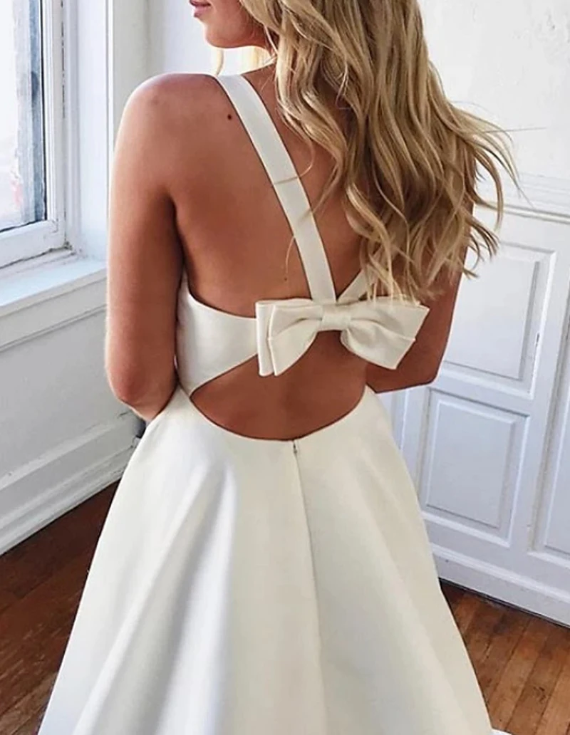 

Women White Satin Wedding Dresses A-Line V-Neck Sleeveless Bridal Gowns With Bow