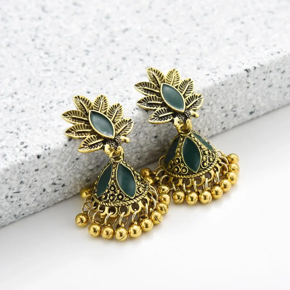 

Ethnic Beads Tassel Indian Jhumka Earrings For Women Vintage Boho Gold Leaf Alloy Bollywood Oxidized Bell Dangle Earrings