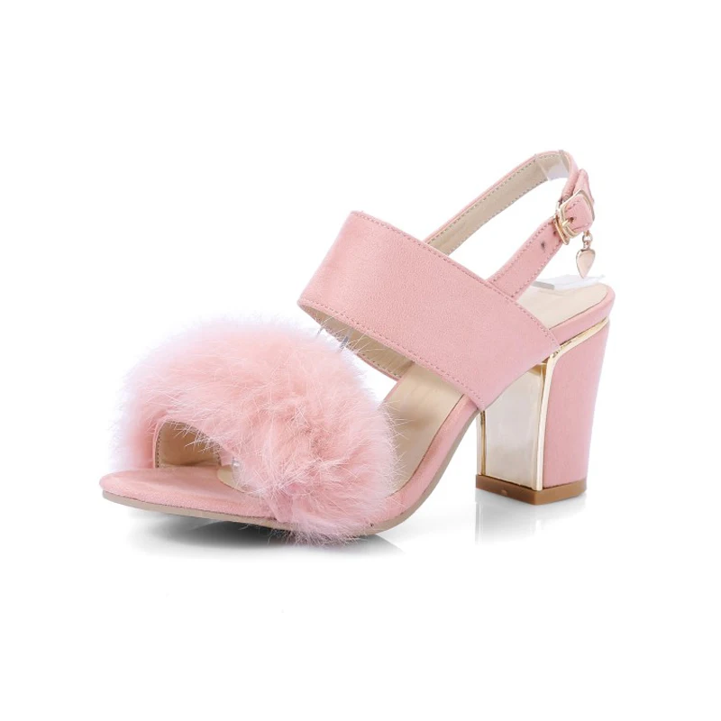 Сандалии женские с кроличьим мехом босоножки на высоком квадратном каблуке и