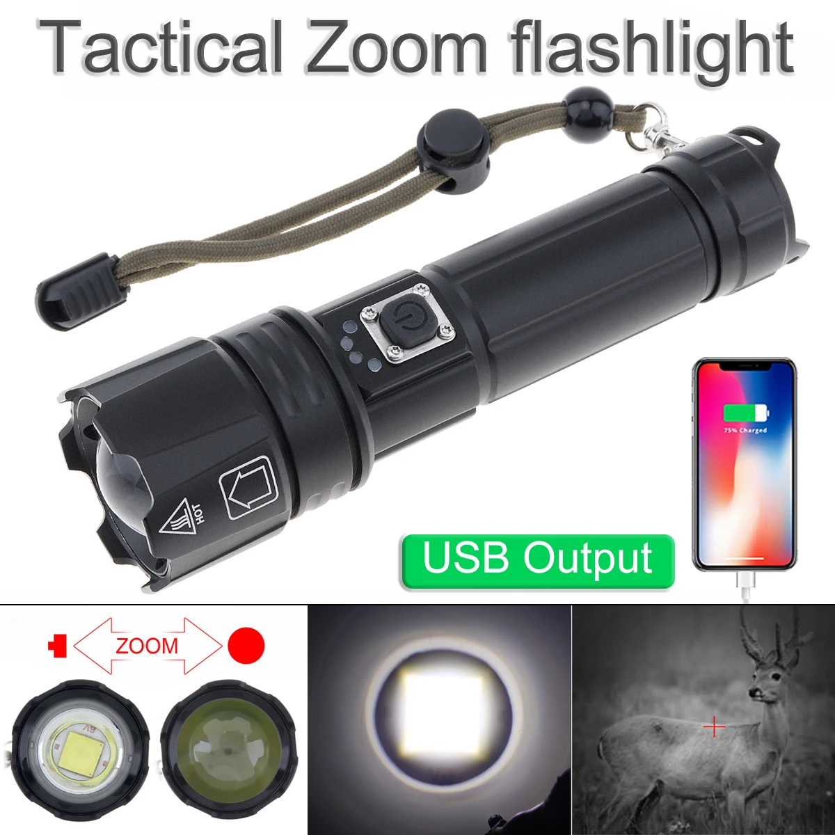 

Перезаряжаемый фонарик SecurityIng, 5000 люмен, Мощный USB телескопический зум, Ультраяркий Фонарик светодиодный Светодиодная лампа для кемпинга/ох...