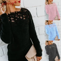 new popularity solid women sweater elegant lace neck long sleeved top korean style vintage office lady pullover female clothing