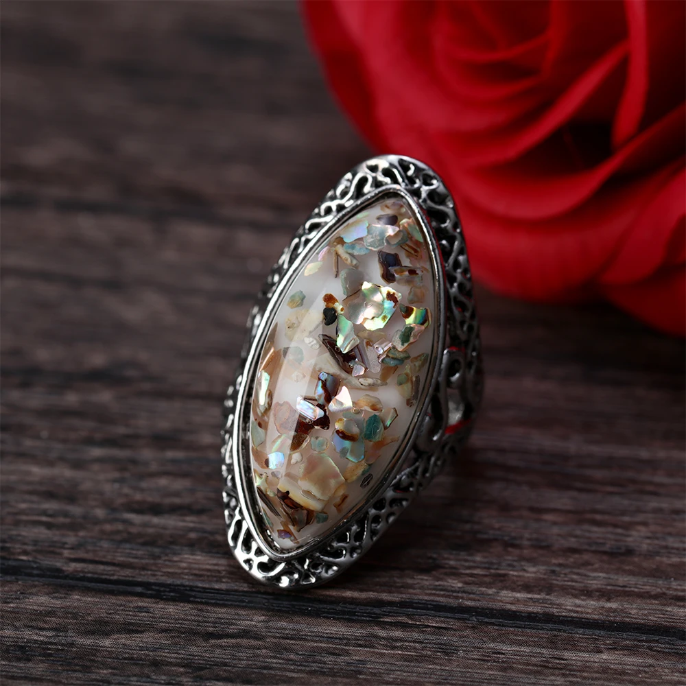 Разноцветная большая овальная ракушка резные кольца винтажные женские