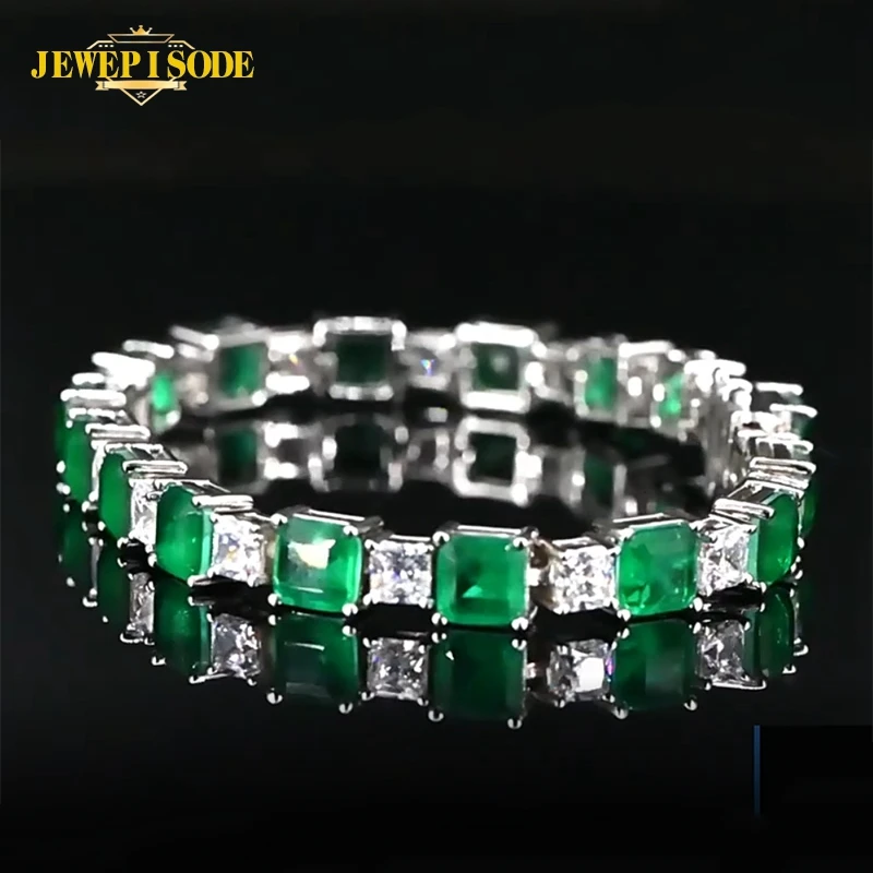 Jewepisode Solid Silver 925 Charm Bracelets Emerald Simulated Moissanite Birthstone Fine Jewelry Women Bracelet Wholesale Gift
