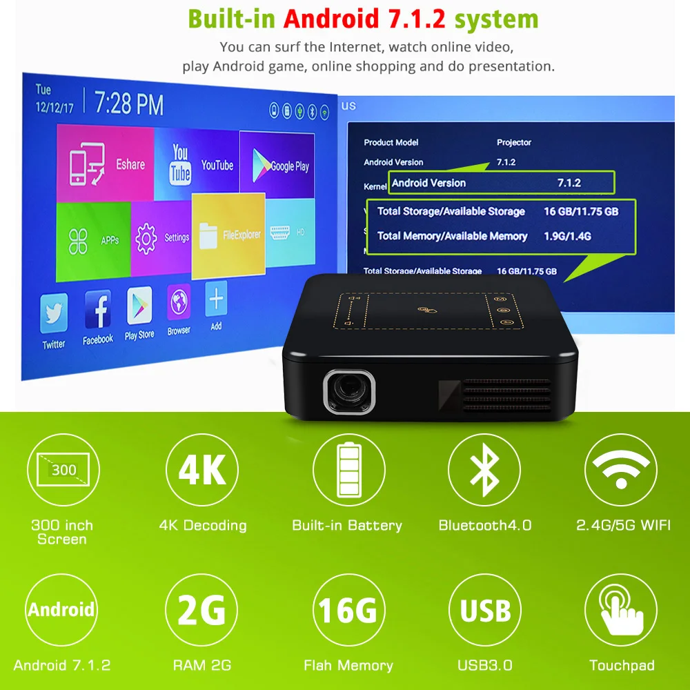 Мини проектор ThundeaL T20 карманный Android 7 1 2 + 16 ГБ Wi Fi|Проекторы для домашнего