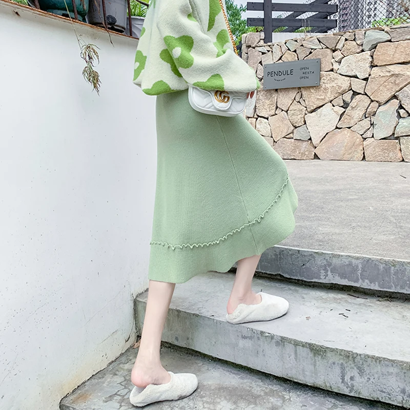 

Zoki 2021 New Fashion Autumn Women Knitted Long Skirt Winter Thick A Line High Waist Sweater Skirt Elegant Korean Elastic
