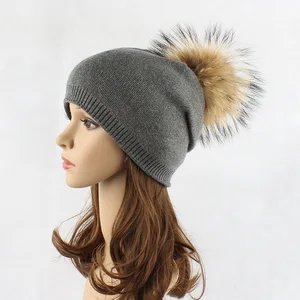 2020 Winter Wool Beanies Pompom Hat Women Wool Knitted Skullies Women's Cap Casual 100% Real Raccoon Fur Pompom Hats Fashion