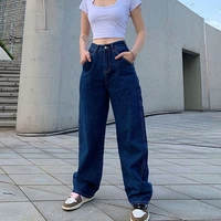 woman retro blue high waist jeans causal loose baggy skinny pockets zipper button cargo pants wide leg jeans mujer pantalones