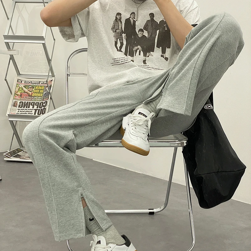 

IEFB Men's Sports Casual Pants Korean Fashion Loose Straight Zipper Split Hem Black Sweatpants 2021 Spring Summer New 9Y6916