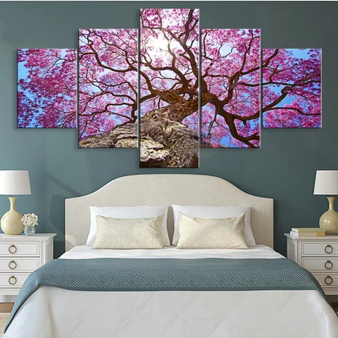Настенная живопись, 5 шт., цветущее Цветущее Вишневое дерево, HD печать, холст, постер, рамка, домашний декор, модульные картины