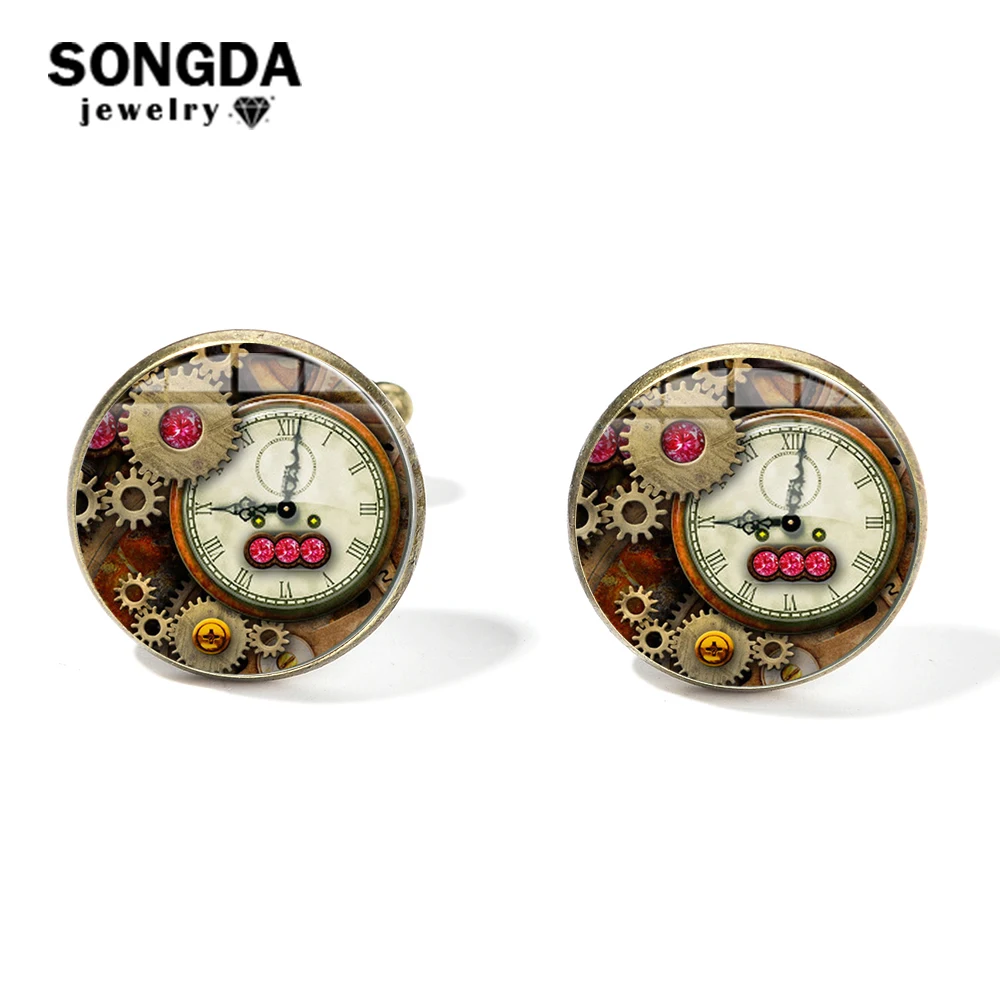 SONGDA креативные запонки в стиле стимпанк с циферблатом и красным драгоценным