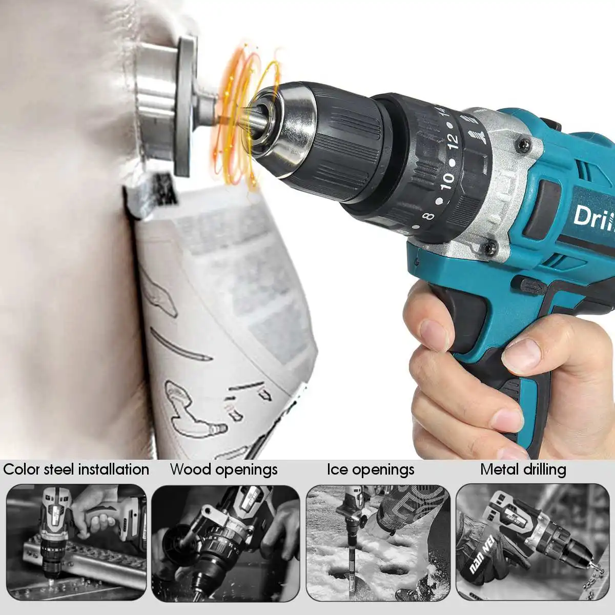 

13mm Electric Drill 90N.m Cordless Screwdrive Hammer Power Tools with 2X 15000Amh Li Battery for Makita 18V Battery