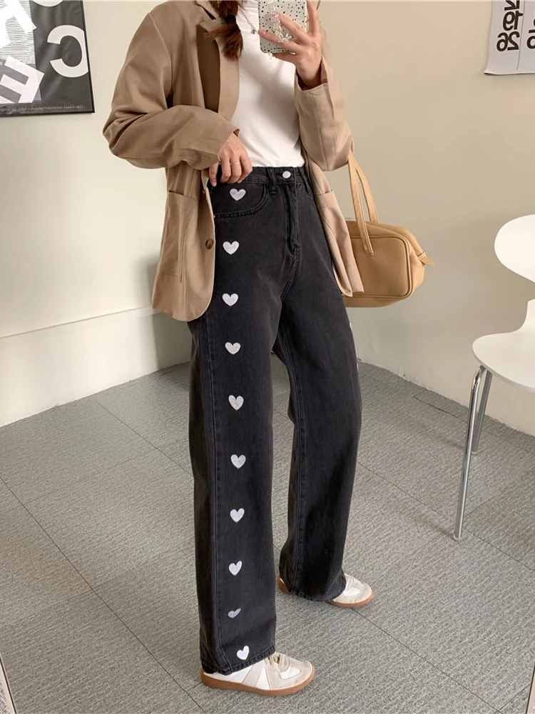 

2021 Women Jeans High Waist Vintage Heart Printed Y2K Streetwear 90s Casual Baggy Jeans Girls Aesthetic Denim Straight Trousers