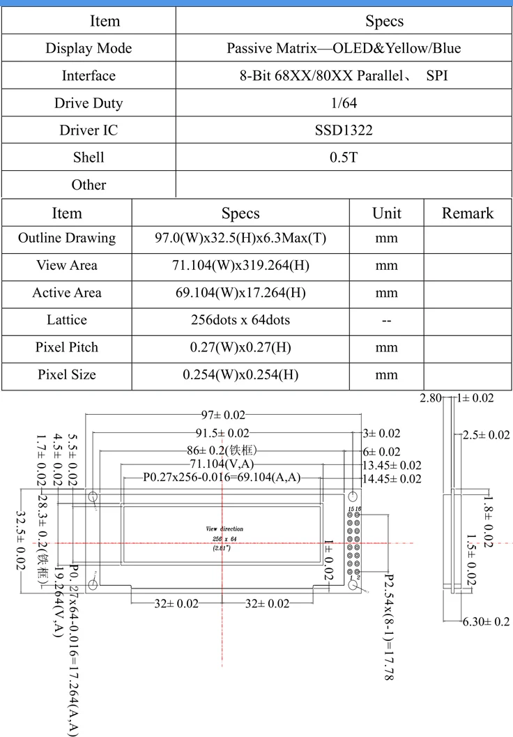 1 шт. 2,8 дюймов 16PIN синий осид модуль SSD1322 Водительская подушка безопасности 256*64 4-провод SPI 8Bit параллельно Интерфейс синий текст на фоне