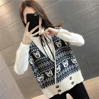 jessic woman v neck patchwork knitted vest sleeveless autumn and spring tops knit cardigan printing colorblock sweters for women