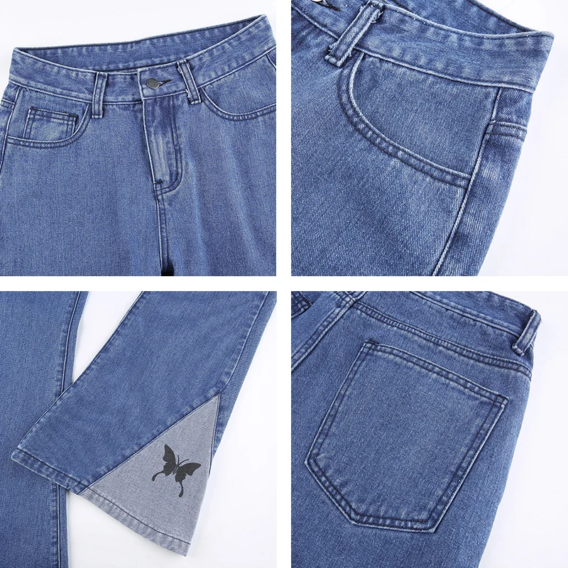

Flare Jeans Butterfly Print Y2K For Girls Patched Vintage Denim Pants Women Fashion Female 2021 Harajuku High Waisted Trousers