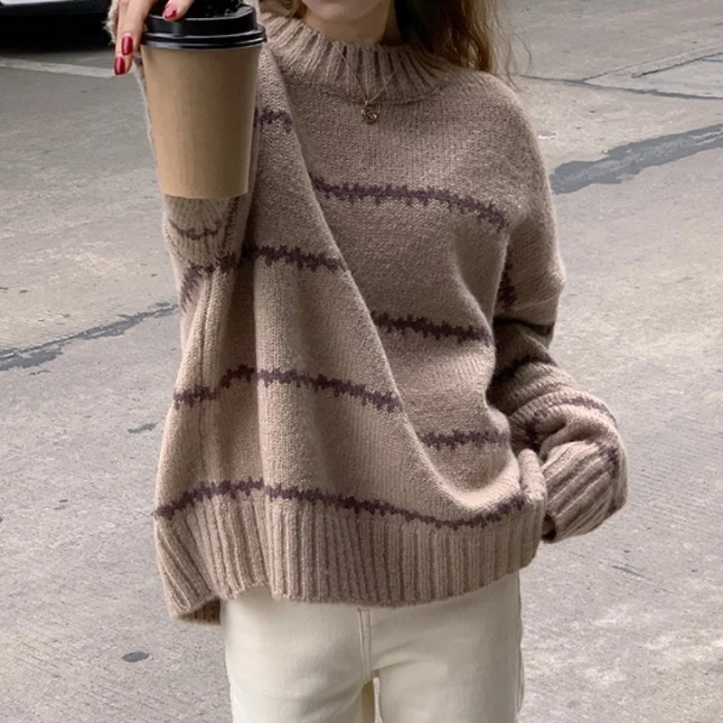 

Женский трикотажный свитер в полоску, Повседневный пуловер с длинным рукавом и круглым вырезом, в винтажном стиле, Осень-зима