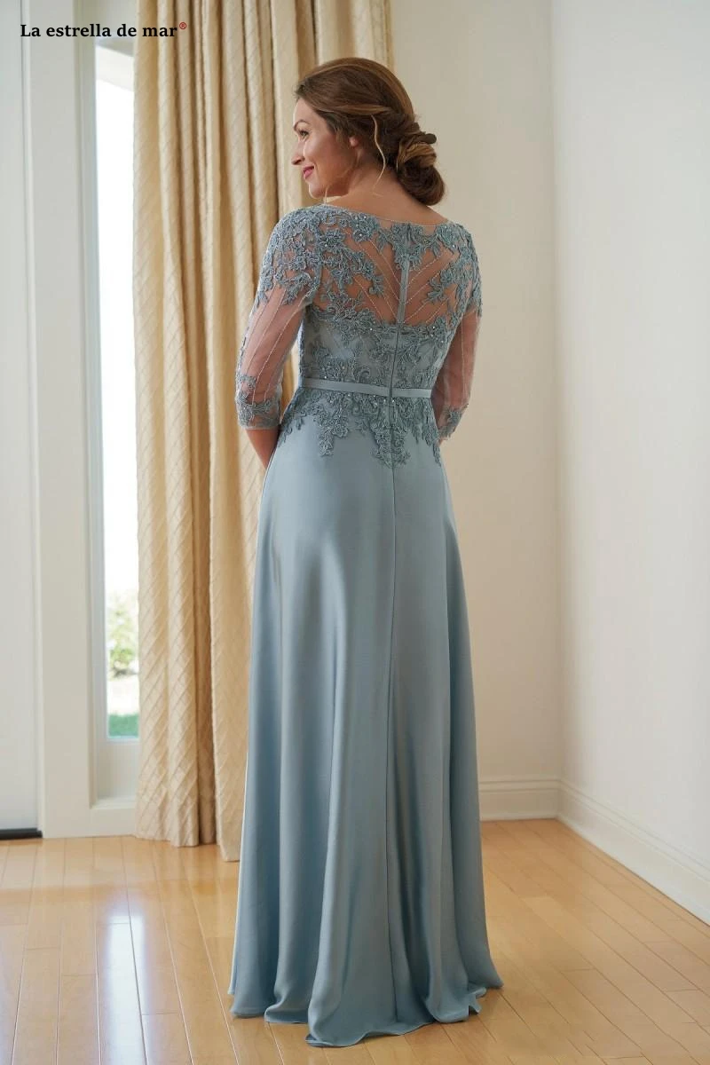 

Dusty blue Mother Of The Bride Dresses Long V Neck Lace Satin Half Sleeve A Line Wedding Mothers Formal Evening Gowns Plus Size