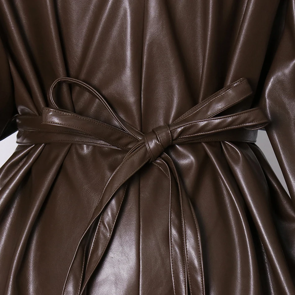 

High Quality Women'S 2021 Spring Brown Pu Leather Slim Jacket Sexy V-Neck Long-Sleeved Large Pockets Single-Breasted Waist Coat