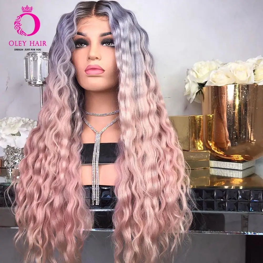 Blue Ombre Pink  Synthetic Lace Front Wig High Temperature Fiber High Density Water Wave Wig Glueless Wigs For Black Women OLEY