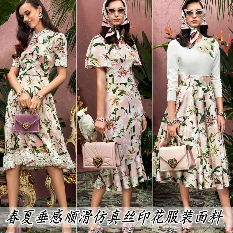 

Drape pink lily print parent-child fabric hand cloth diy dress cheongsam shirt pants cloth spring and summer new custom