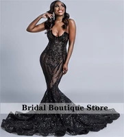 sexy black sequin mermaid prom dresses 2022 for black girls aso ebi party dress court train formal gowns robe de bal