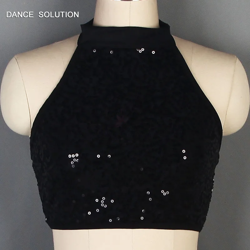 Унитард с Черными Блестками и юбкой бахромой танцевальная одежда лямкой на шее