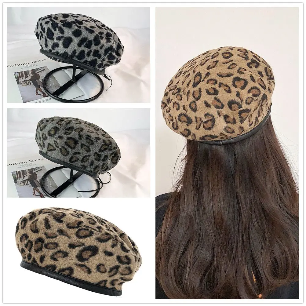 

1Pc Fashion Leopard Beret Hat Retro Korean Bonnet Cap Autumn Winter Warm Beret Hat Casual Dome Hat Women Girls Decoration Hat
