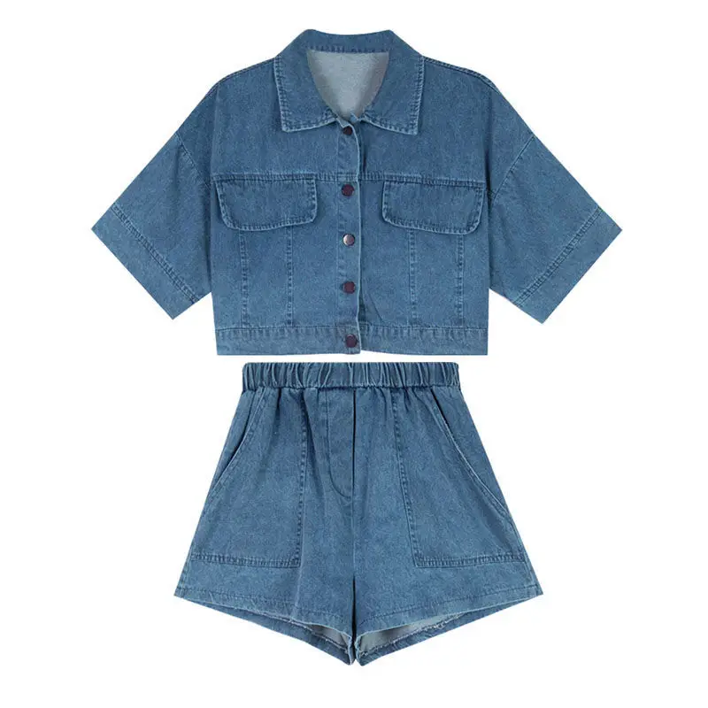 

2021summer New Trendy Anti-Aging Slimming Short-Height Denim Shorts Two - Piece Suit for Women