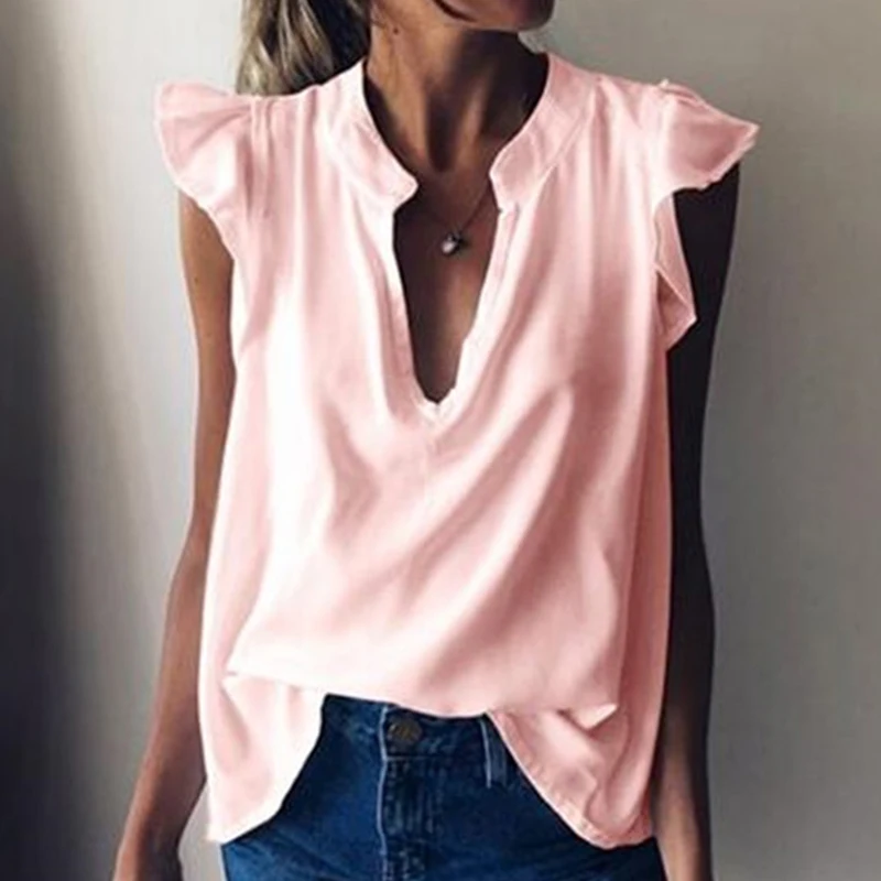 

Summer V Neck Ruffle Women Shirts Blouse Casual Plus Size Solid Loose Blouses Elegant Butterfly Short Sleeve Female Tops Blusas