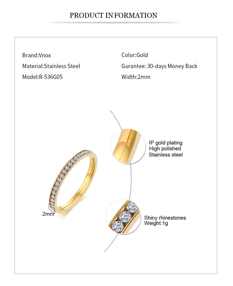 Vnox 2mm Bling CZ Stones Ring for Women Lady Gold Tone Stainless Steel Shinny Crystal Finger Band Elegant Jewelry