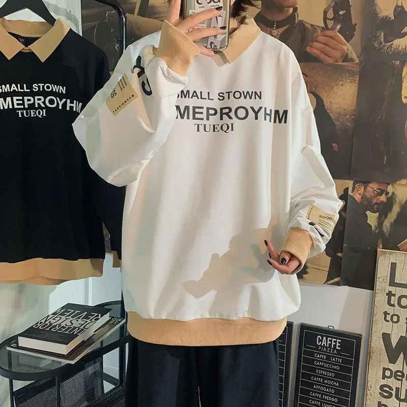 

Polo sweatshirts men long-sleeved fake two-piece clothes 2021 spring autumn new Korean fashion loose contrast color sweatshirts