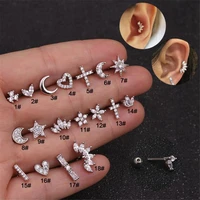 free shipping single piercing jewelry geometric moon fower cross stainless steel ear bone nail zircon screw earrings for women