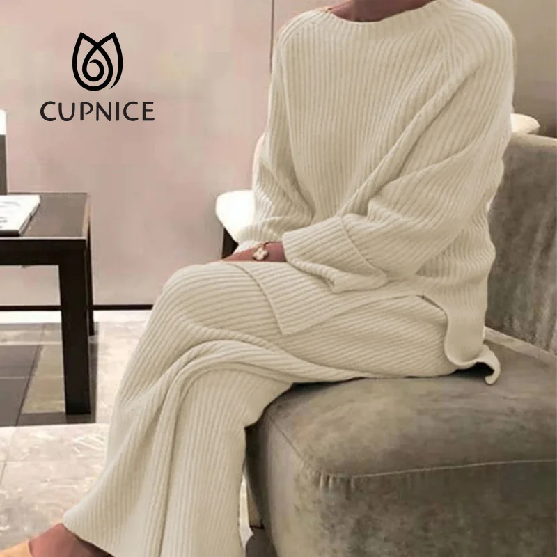 

CUPNICE Elegant Women Two Piece Sets Loose Pullover Tops + Wide Leg Pants Sports Suit Lady Casual Soft Sportswear Tracksuits