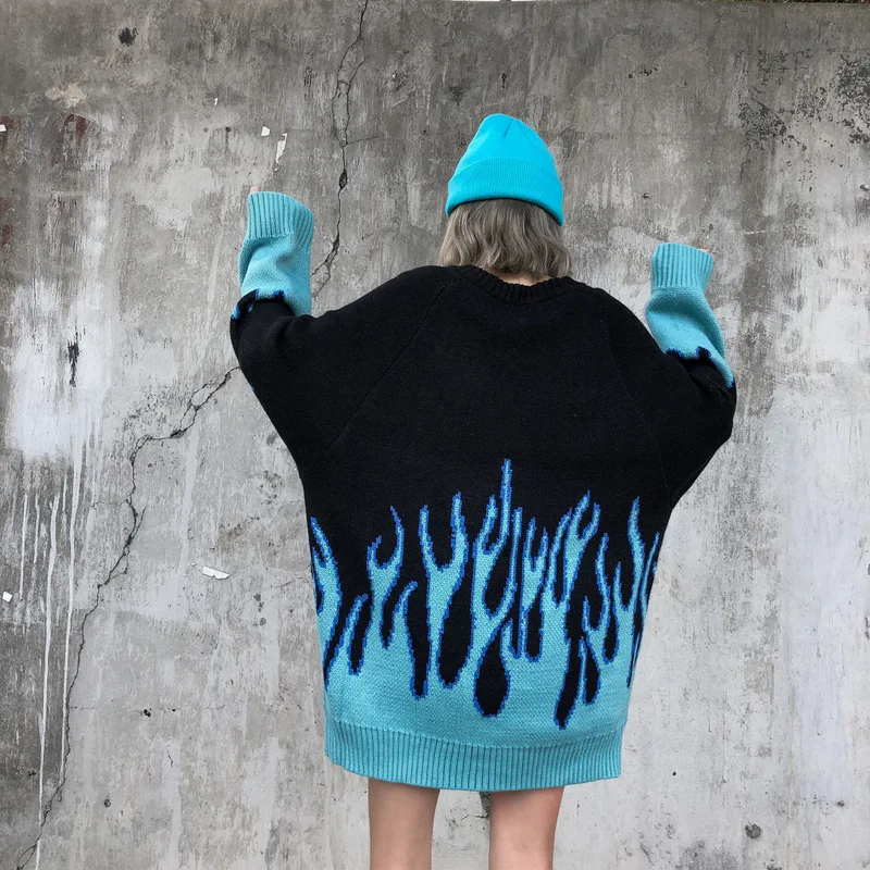 Woherb Autumn Winter Harajuku Flame Knitting Sweater Casual Women Man Unisex Pullovers Hip Hop High Streetwear Jumper | Женская одежда