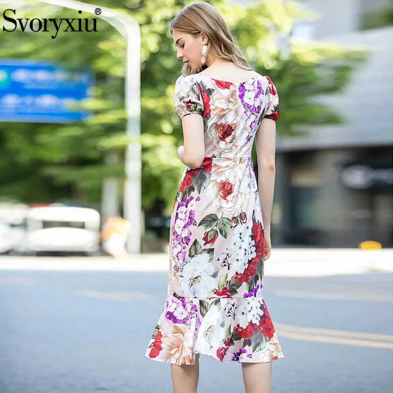 

Svoryxiu Elegant Runway Summer Party Mermaid Dresses Women's Fashion Puff Sleeve V-Neck Flower Print Vintage Dress Vestdios