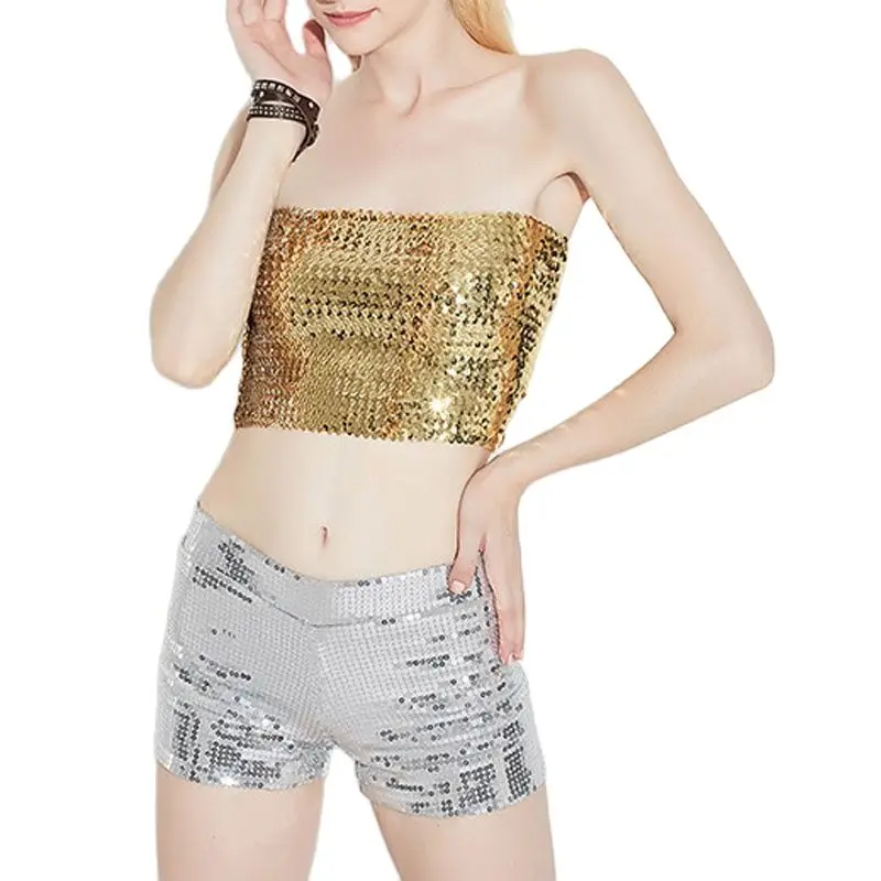 Кроп-топ для ночного клуба с блестками сексуальный женский Топ без бретелек