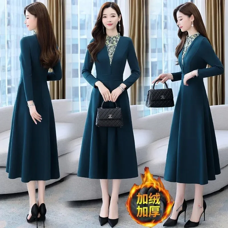 

Spring Autumn Dress Women Velvet Padded Dress Winter 2022 New High Quality Belly Thinning Long Dress Elegant Print Splicing Pink