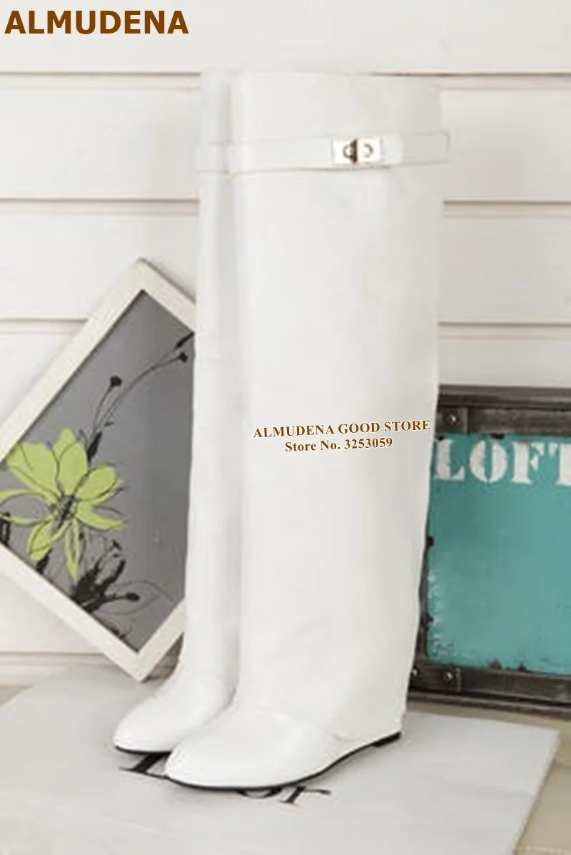 white leather ALMUDENA/Новые высокие сапоги до колена из замши телесного цвета с замком в виде акулы высокие сапоги на танкетке с металлическим украшением Прямая поставка - Цвет: white leather