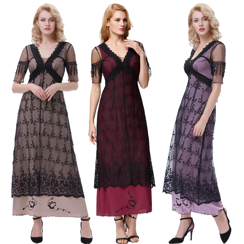 Женское винтажное платье Belle Poque белое кружевное с коротким рукавом и v образным