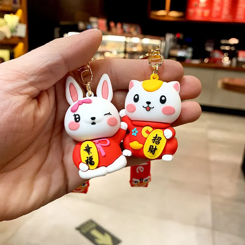 

Kawaii Red Lucky Cat Key Chain PVC Animal Doll Keychain Maneki Neko Car Keyring Bag Pendant Souvenir Gift