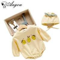 angou 2021 korean version newborn baby boy printing lemon romperhat 2pcs autumn long sleeves toddler baby girl romper jumpsuit