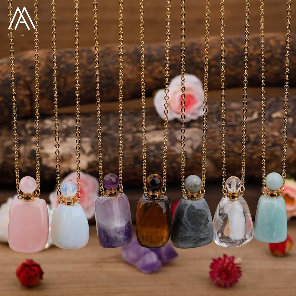 

Healing Crystal Perfume Bottle Gold Pendant Women Roses Amethysts White Crystal Gemstone Essential Oil Necklace Jewelry Dropship