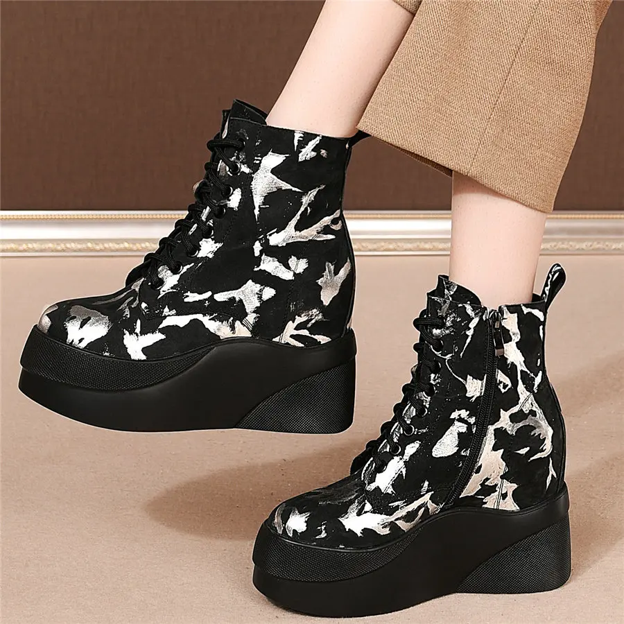 

Platform Pumps Shoes Women Lace Up Genuine Leather Wedges High Heel Motorcyle Boots Female High Top Round Toe Fashion Sneakers