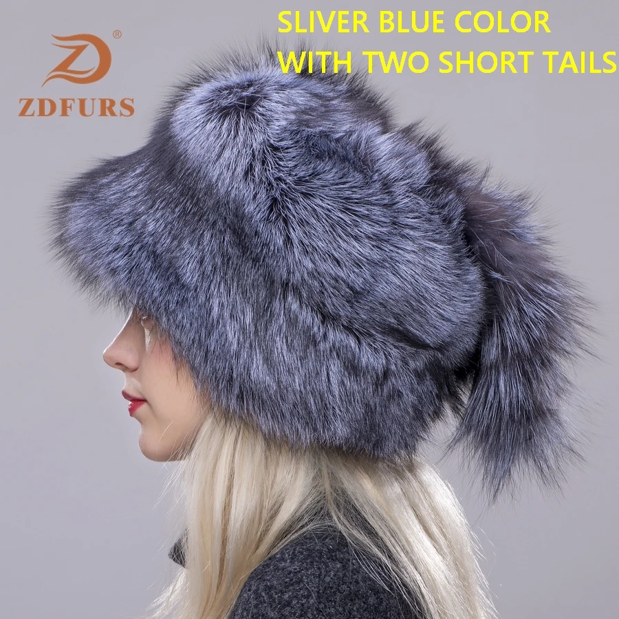 ZDFURS* Женская русская ушанка Авиатор Охотник лисий мех бомберы шапка натуральный Лисий мех шапки купол монгольская шапка - Цвет: silver blue 2 tails