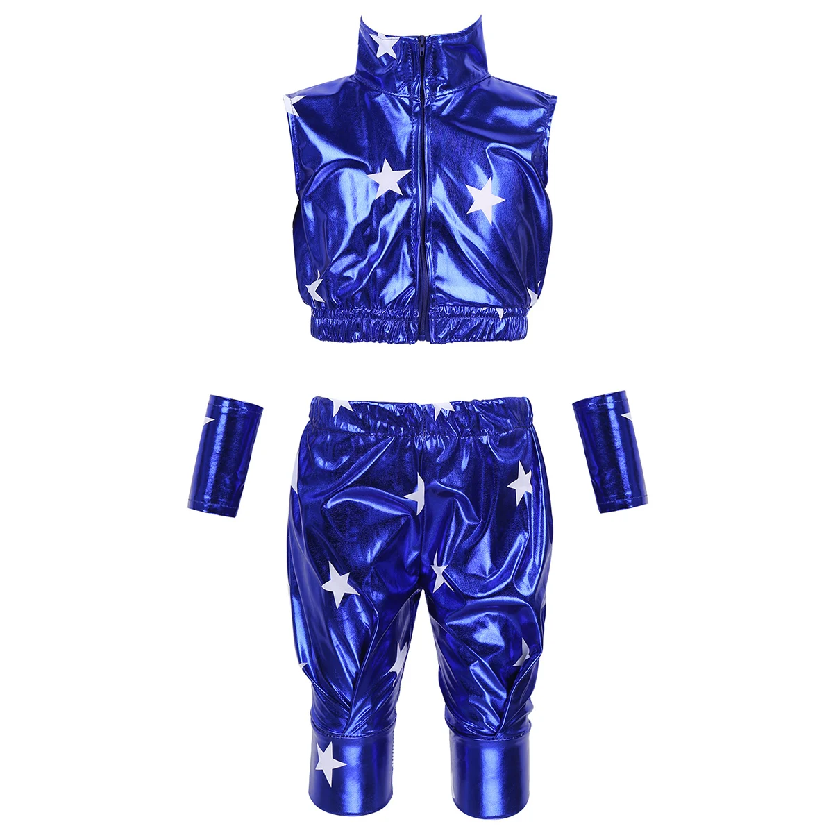 Kids Hip-hop Jazz Costume Modern Dance wear rave Outfit Star Metallic Sleeveless Zipper Crop Top with Pants Wrist Sleeves Set |