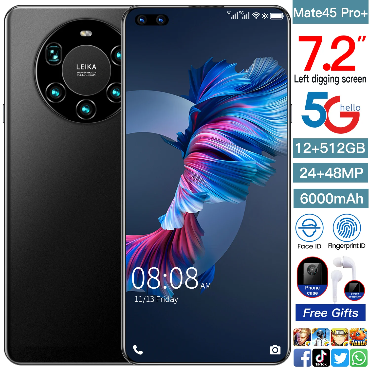 

7.2 Inch Full Screen Mate45 Pro+ Smartphone Octa Core 6000mAh 12GB 512GB 4G LTE 5G Network Mobile Phone Global Version