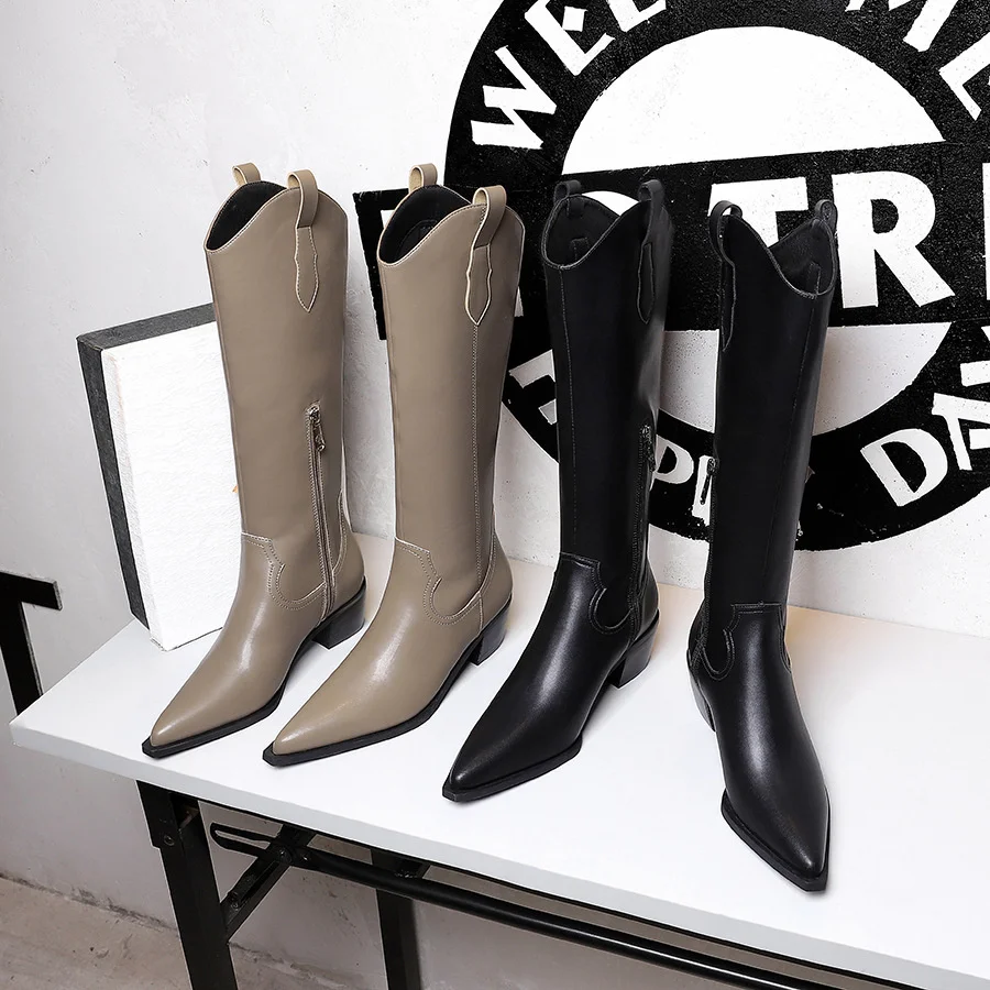 Новая зимняя модная женская обувь на толстом высоком каблуке с острым носком в