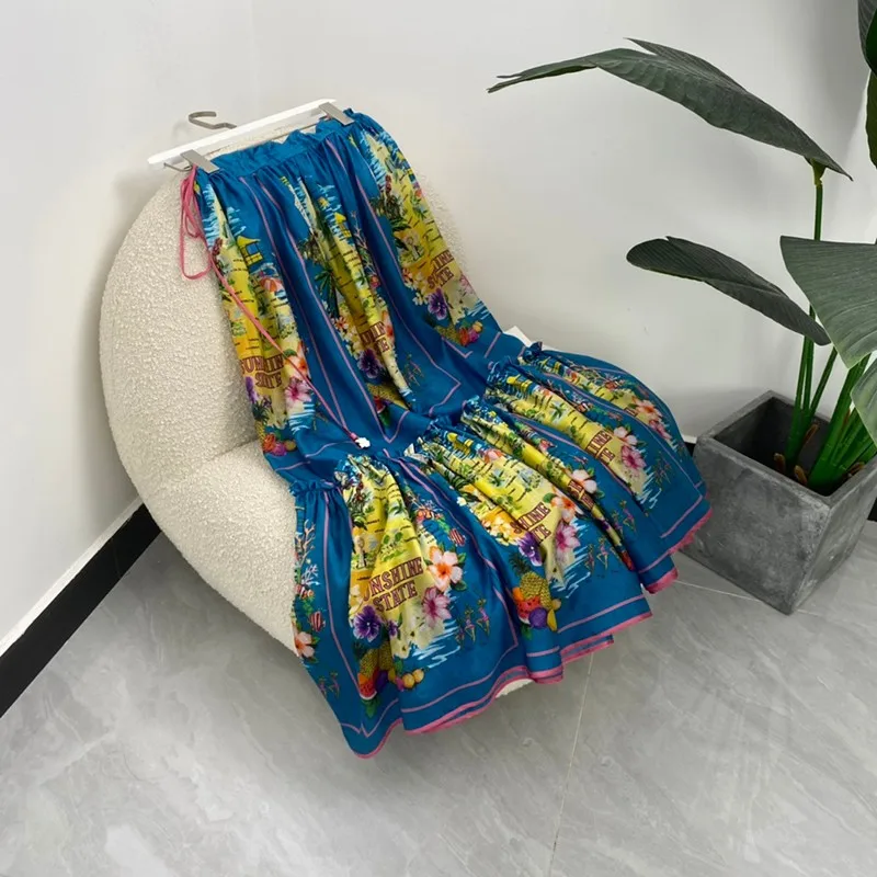 

New Summer Women Fashion Multi Nature Scenery Print Tiered Blue A-line Ankle-length Skirts High Quality Silk 2021