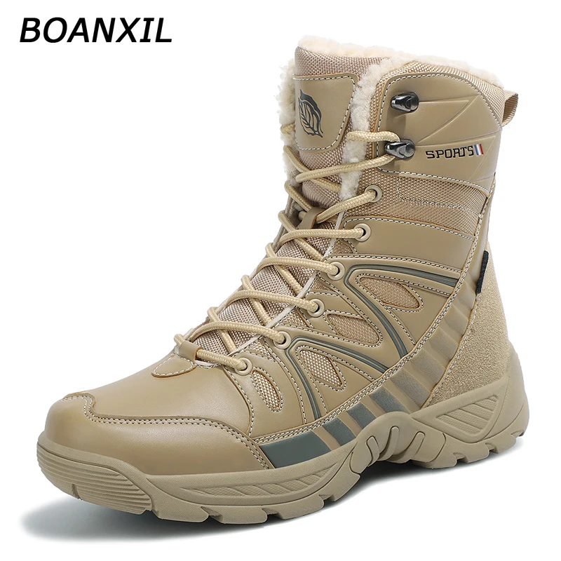 BOANXIL Men New 2021 High Top Hiking Shoes Mens Winter Anti-Slip Warm Snow Shoes Outdoor Climbing Trekking Shoes Tactical Boots