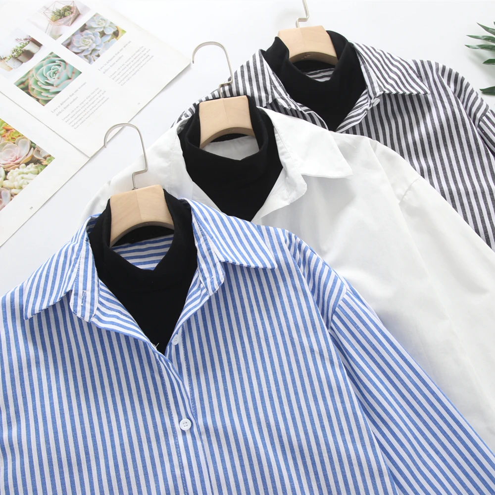 

Women's Long Sleeve Top Bluse Striped Fake Two Piece Women's Blouse Loose Patchwork Female Shirts Cotton White Shirt KN30